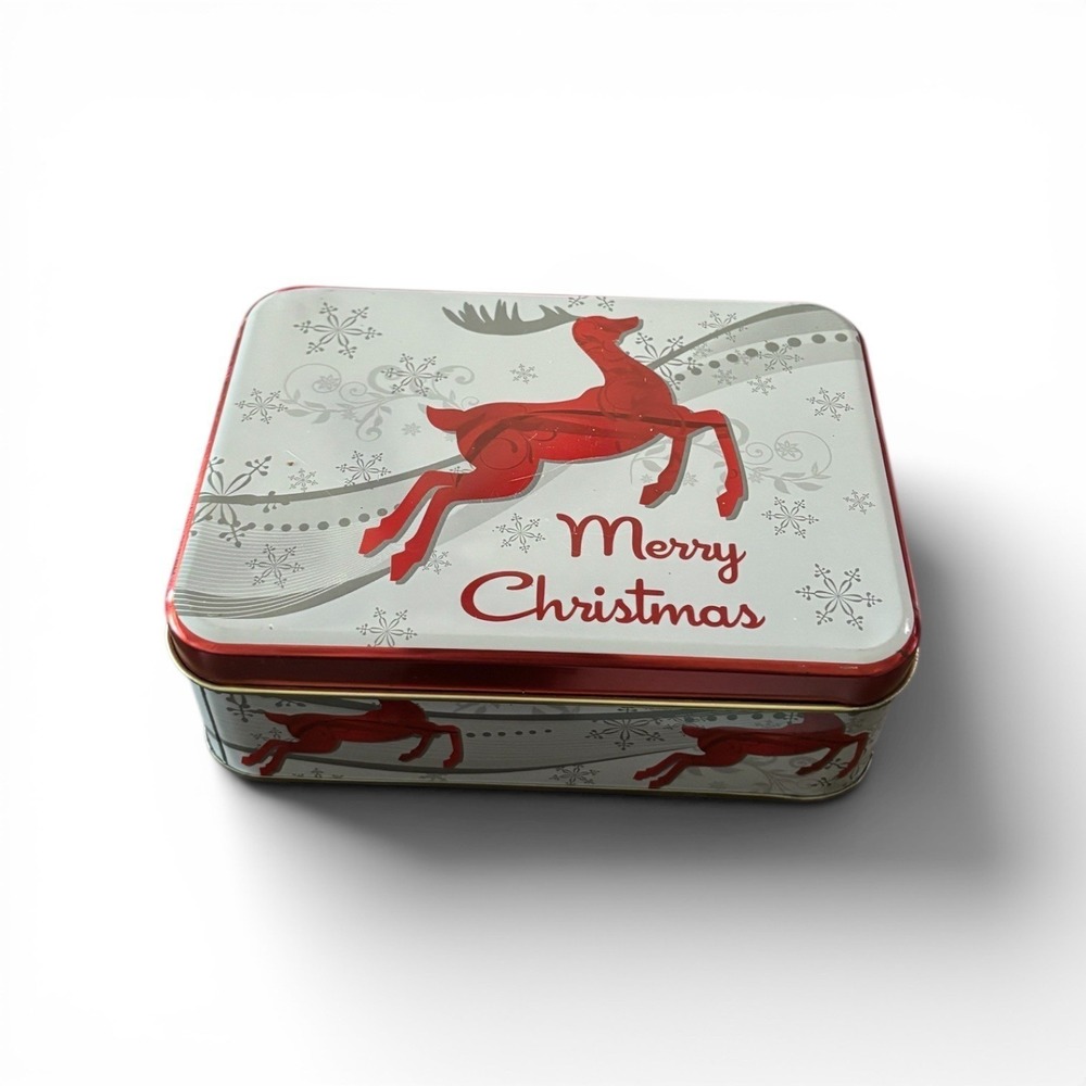 Merry Christmas Reindeer Cookie Tin Red‎ White Silver Holiday Gift Box Storage